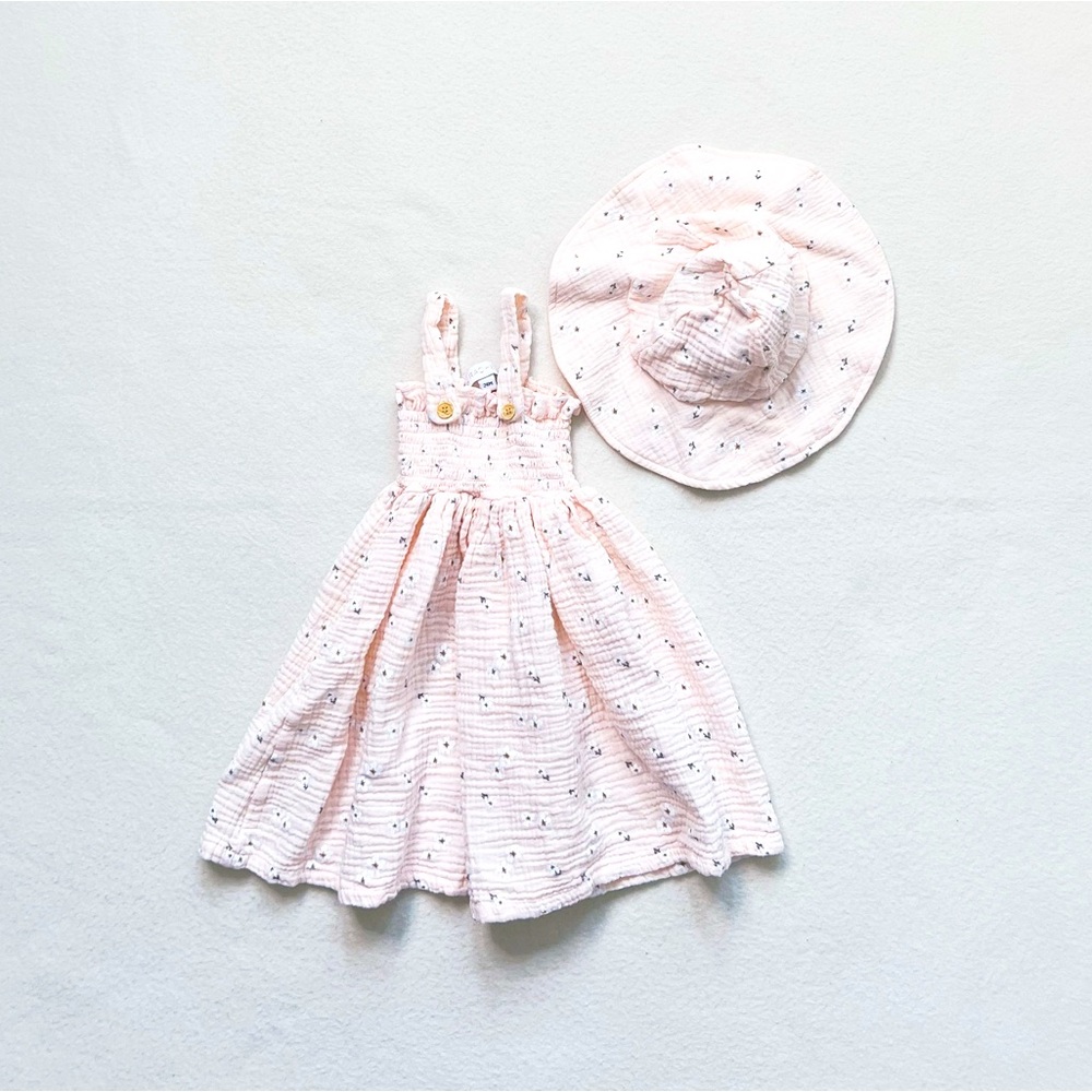 RZ Rachel Zoe Baby Dress Hat Set Smocked Floral Sleeveless Cotton Cream 24M